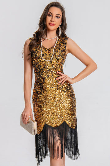 Sparkly Black Golden Bodycon Sequin Short 1920s Dress with Fringes